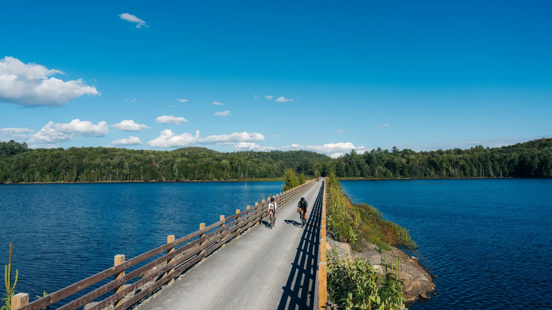 A causeway cuts through a lake for a nature trail.
