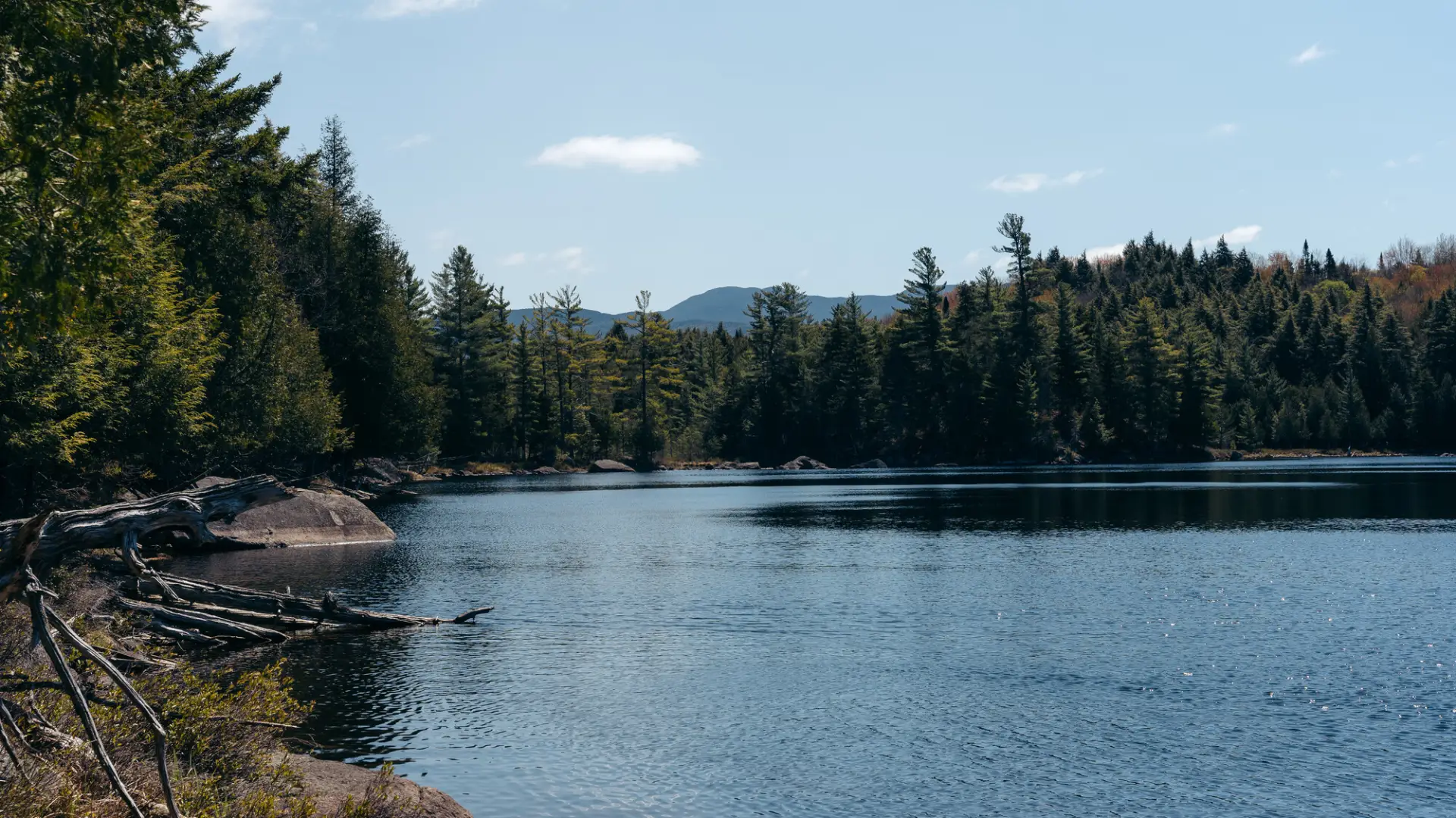A view over a small pond of the distance mountains