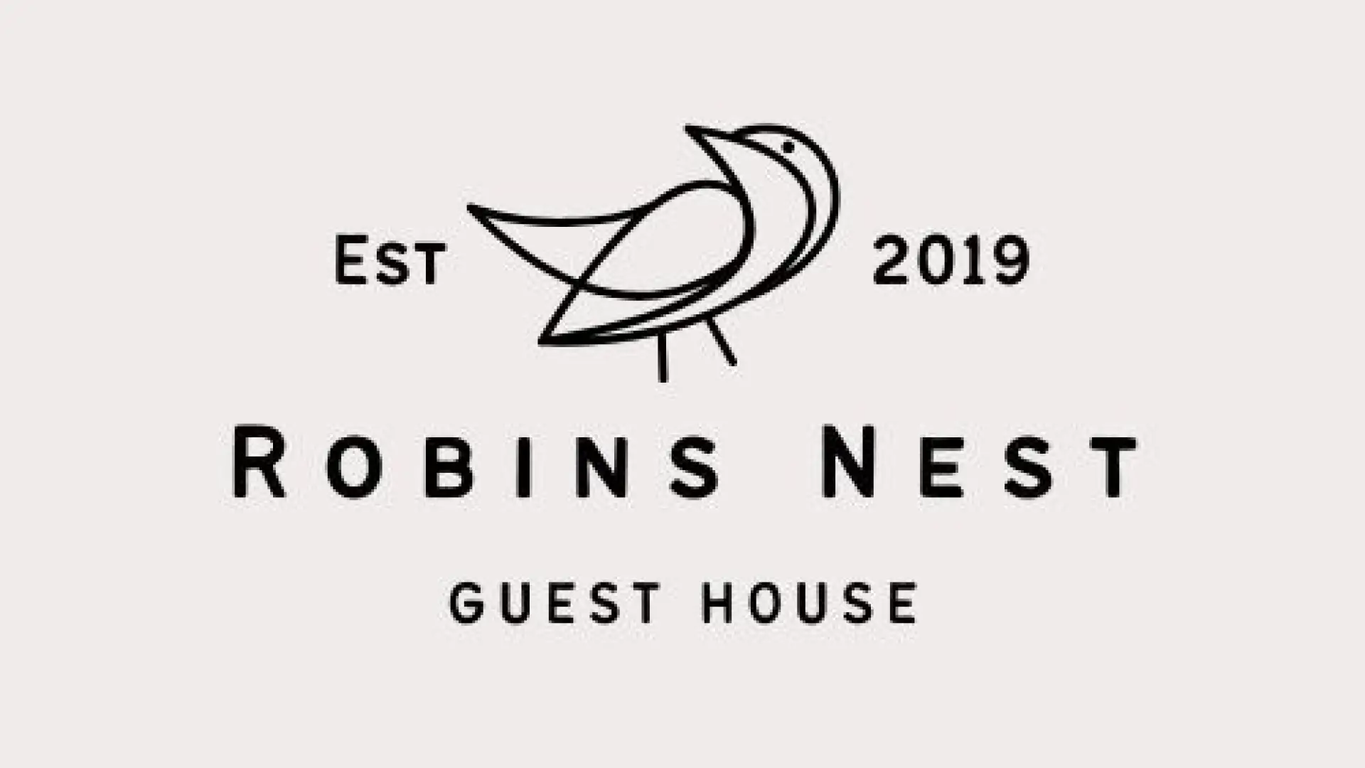 A line illustration of a bird surrounded with the text 'Est 2019 Robins Nest Guest House'.