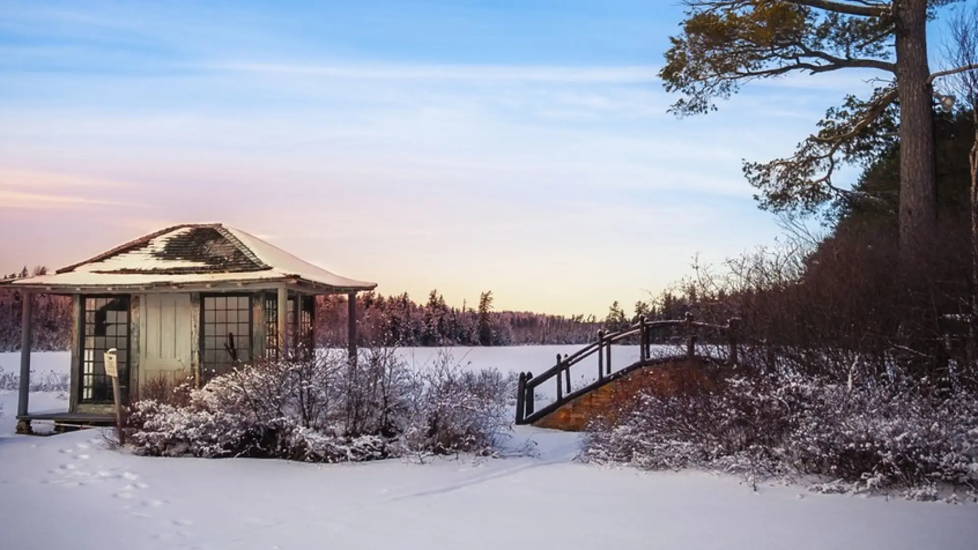 The tea house and surrounding view blanketed in snow.
