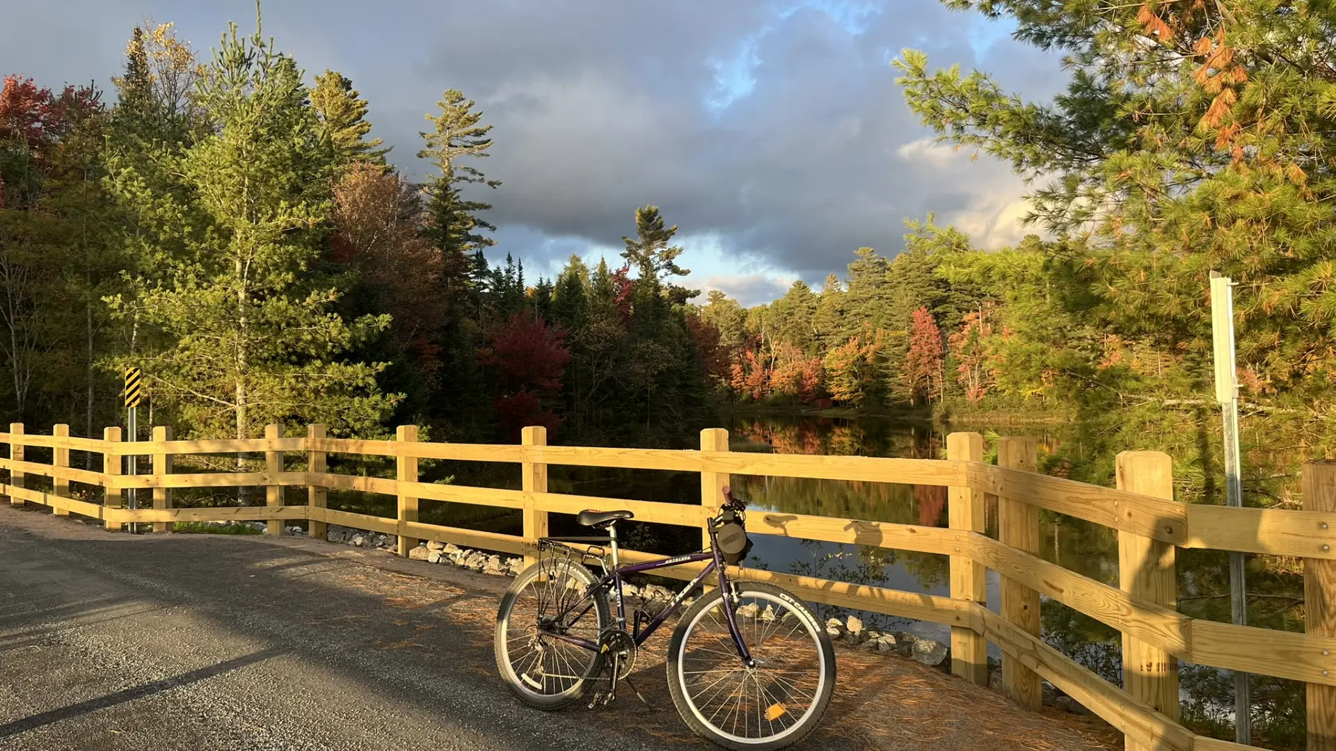 A bike on the rail trail by a pond.