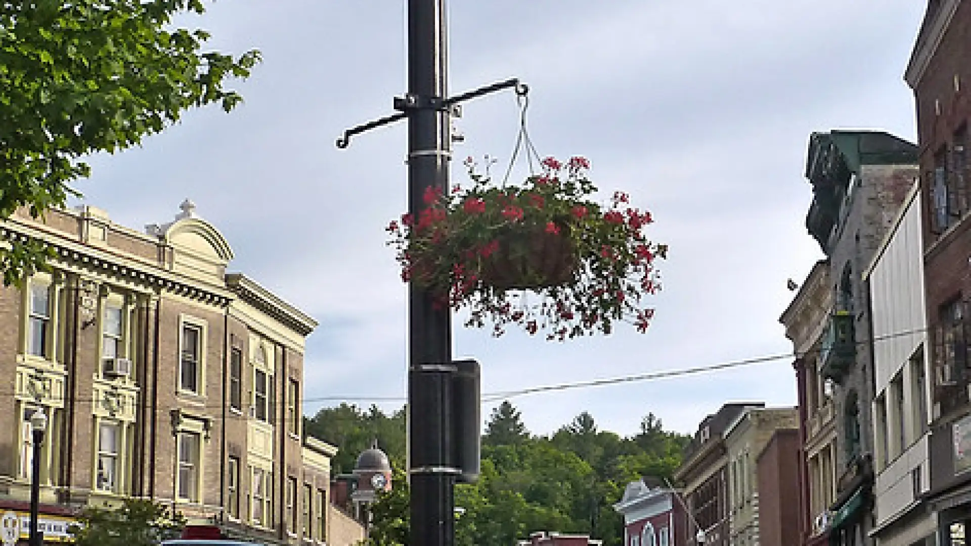 Hanging baskets on the light posts beautify the town