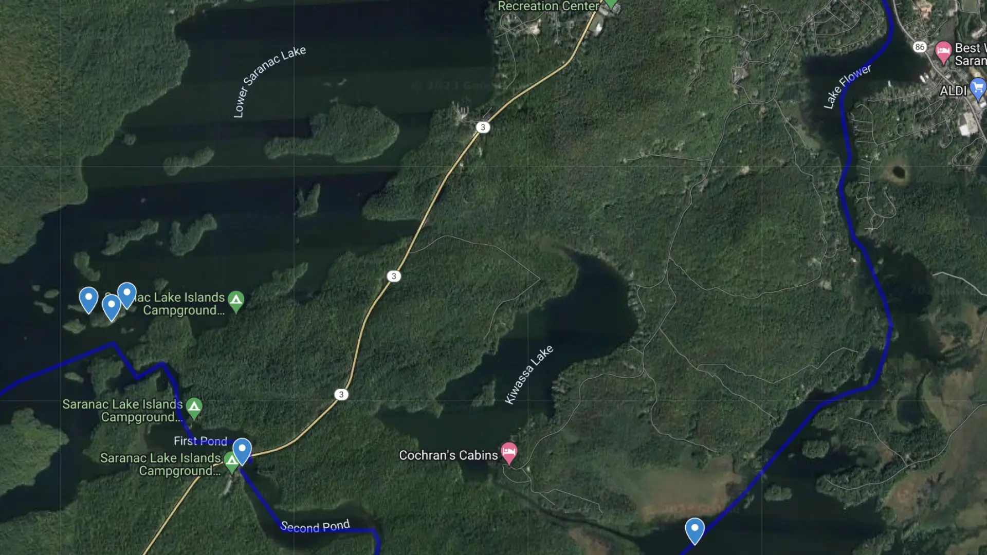 A map showing a canoe route through lakes and ponds