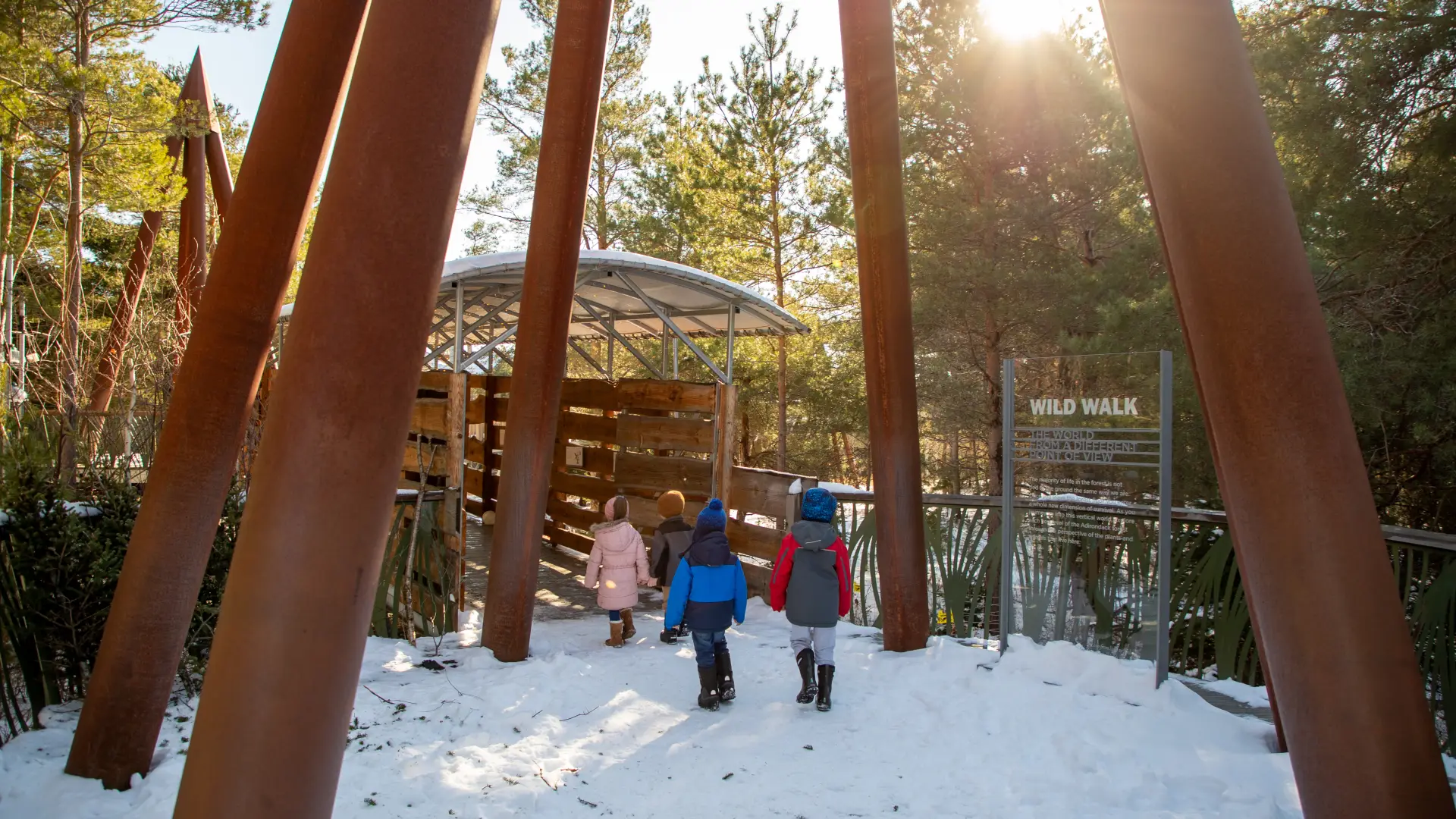 A group of children enter The Wild Walk in the winter