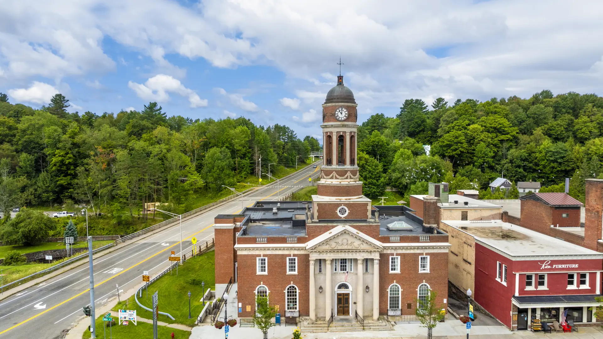 An aerial view of the clock tower at the Harrietstown Town Hall.