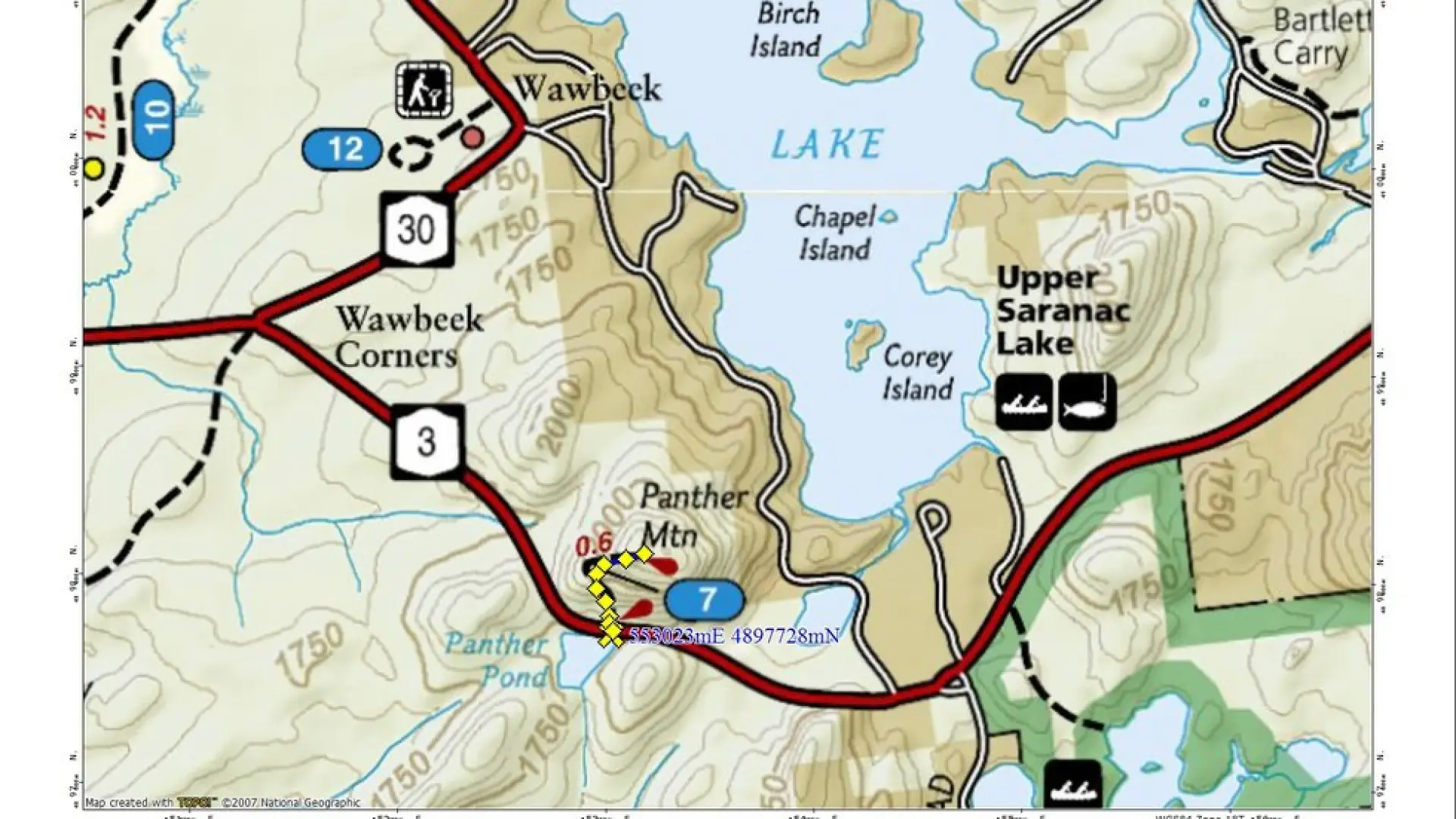 A map showing a hiking trail