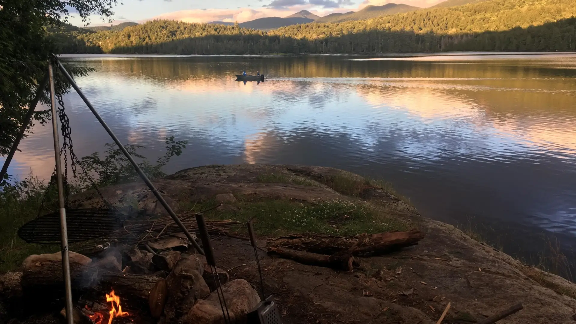 campfire near the shore of Moose Pond