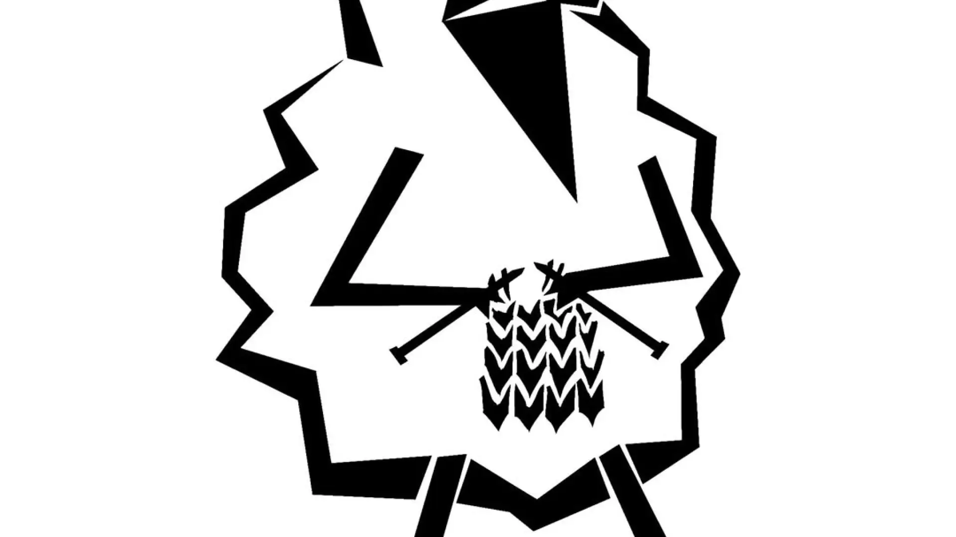 A black and white illustration of a fluffy sheep knitting.