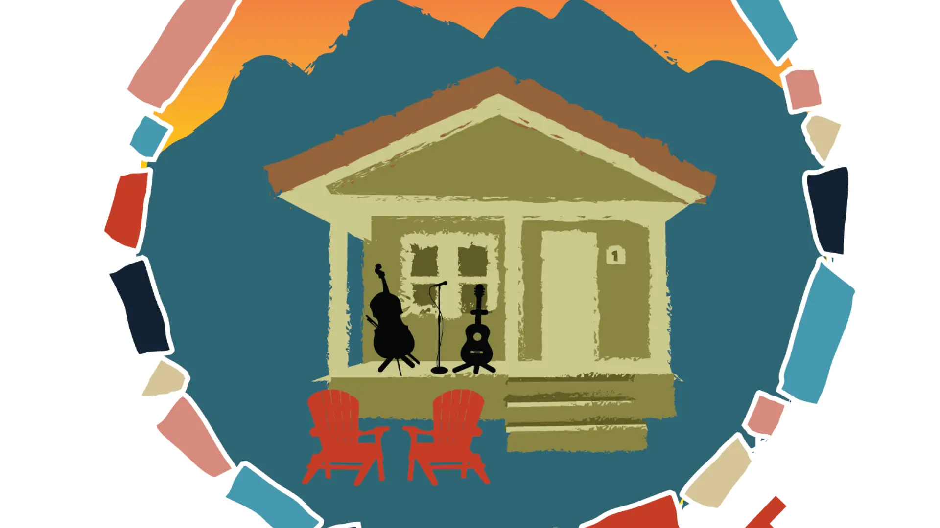 Saranae Lake Porchfest logo:  A house with musical instruments on the porch, surrounded by a mosaic-like circle.