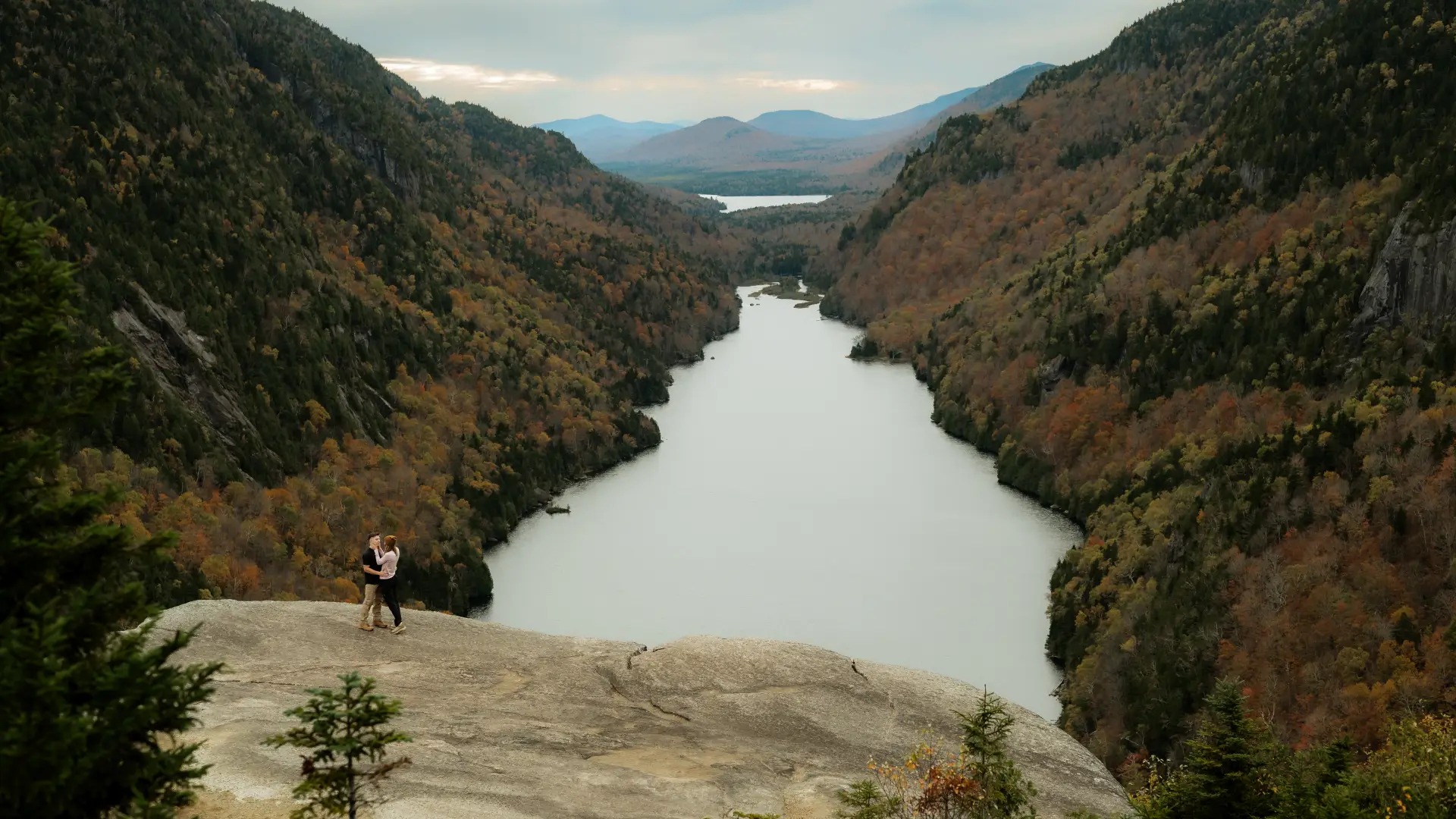 Looking out at a lake between two mountains