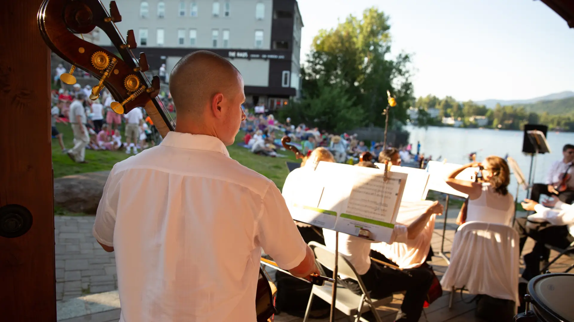 Looking out from the back of the stage over the performers view of the listeners and Mirror Lake.
