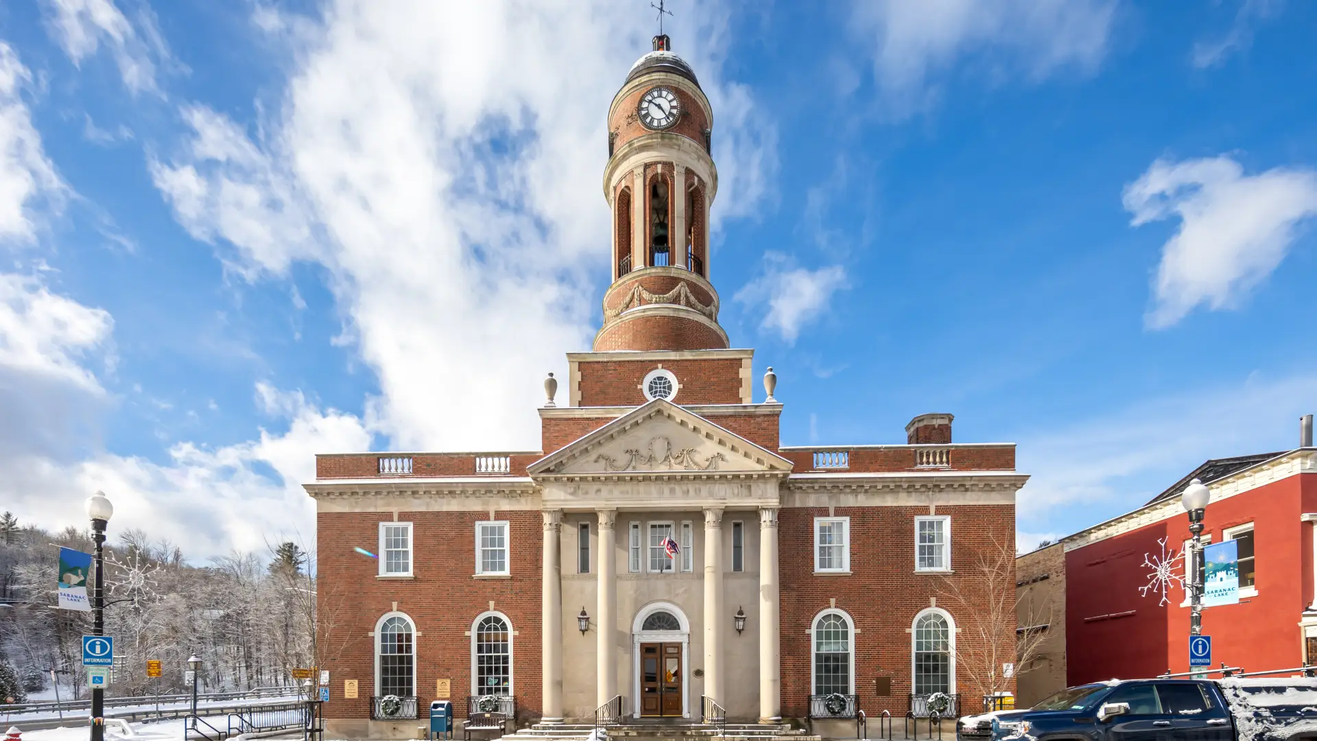 A view of the front of the Harrietstown Town Hall from across the road.