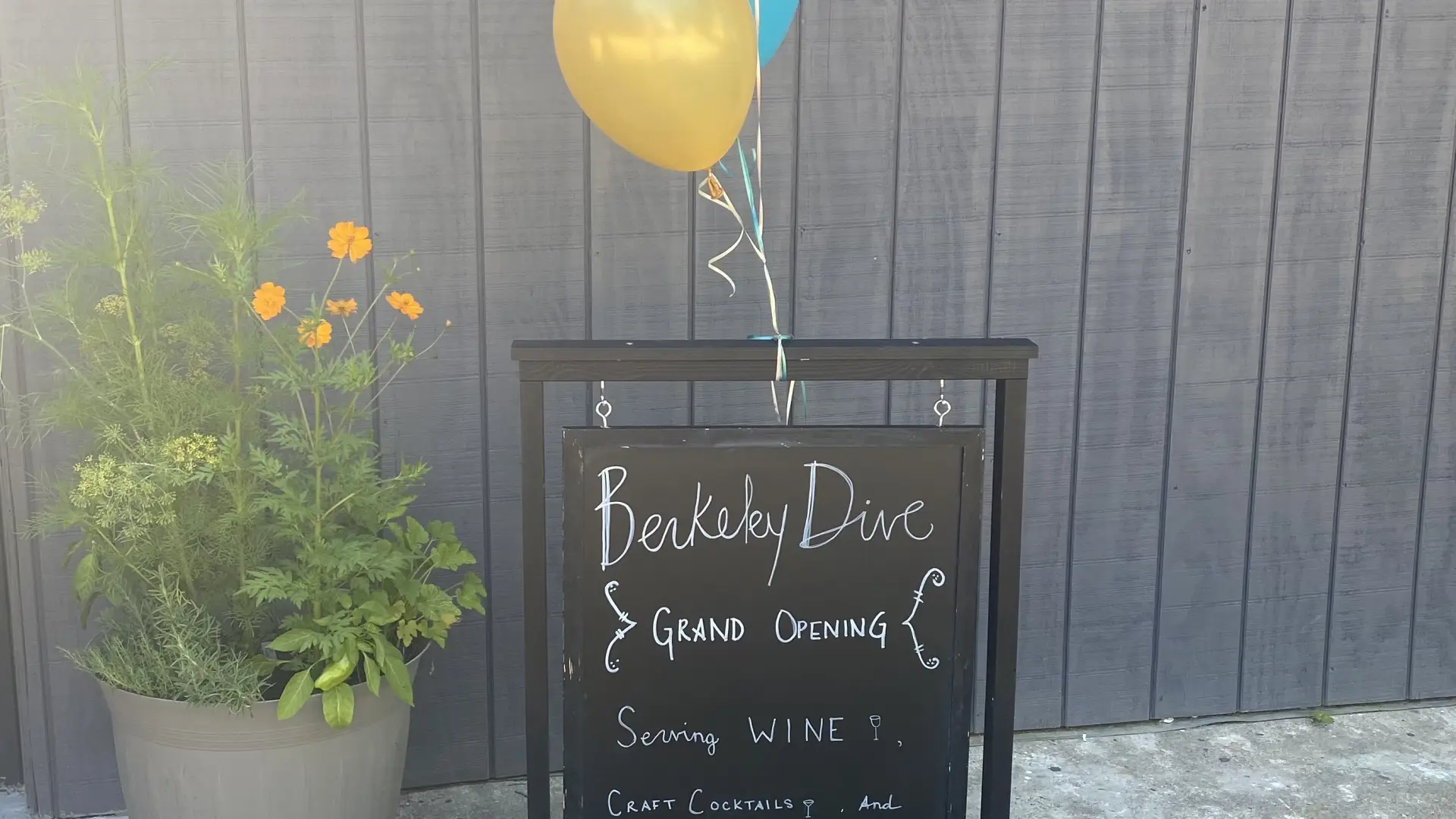 Grand opening sign with colorful balloons