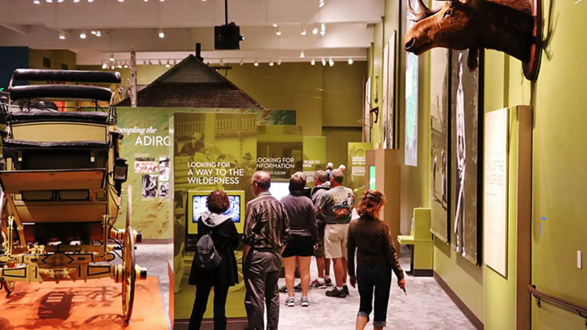 A large room with green walls where people are viewing the plaques under various displays like a carriage and a moose.