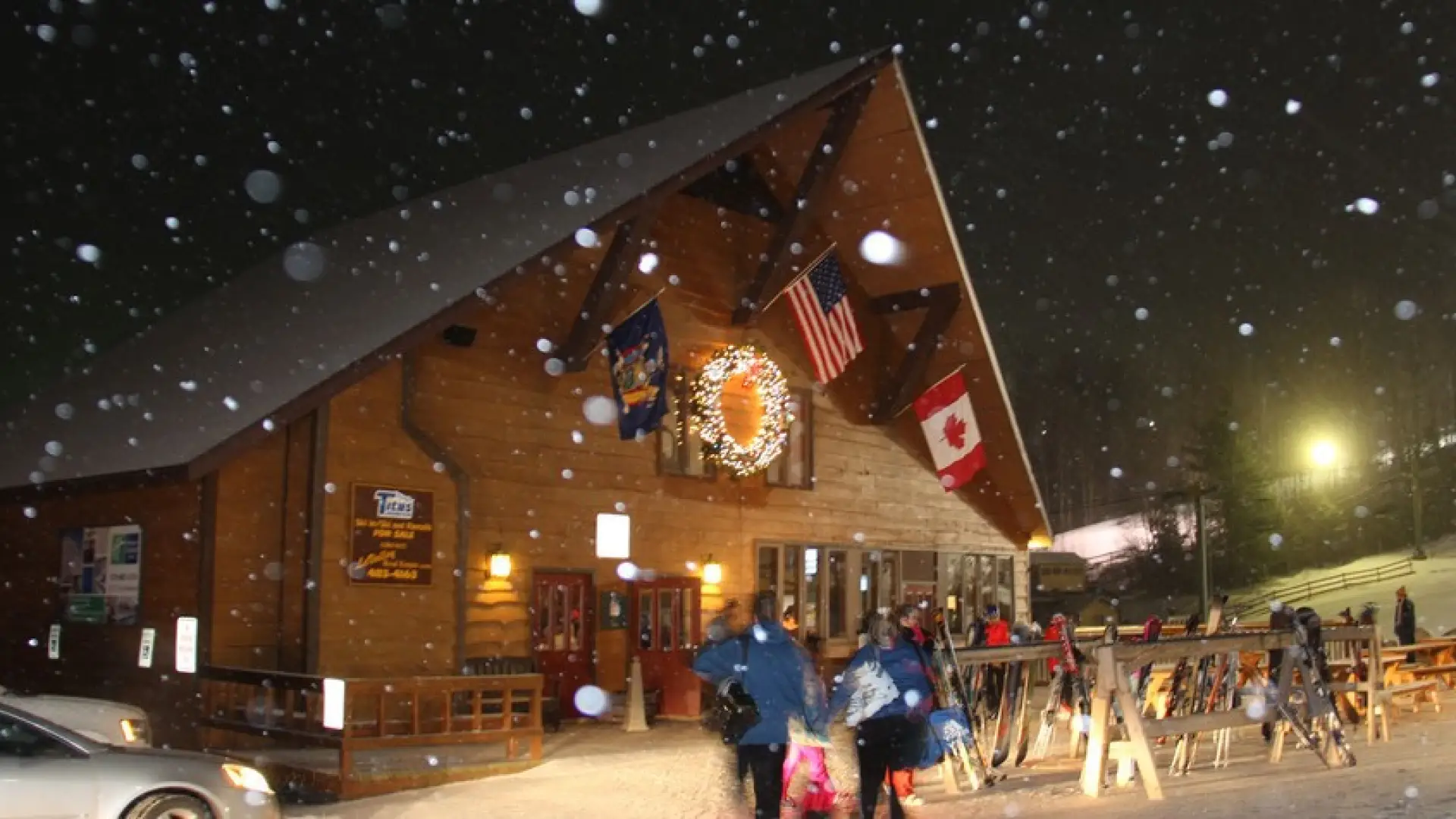 The lodge at Titus Mountain at night.