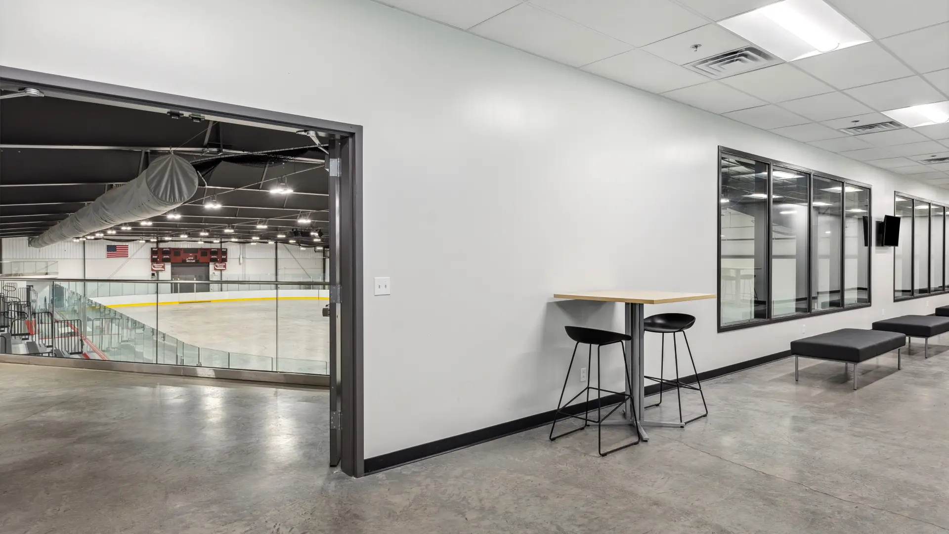 An entry way from the stands of the rink to an upper viewing area at the Saranac Lake Civic Center.