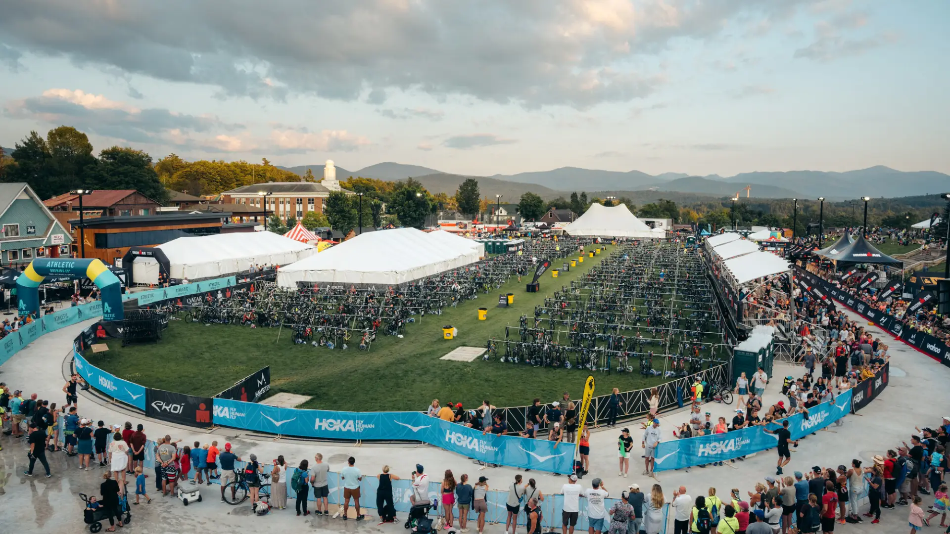 An overhead view of the finish line and of all the bikes.