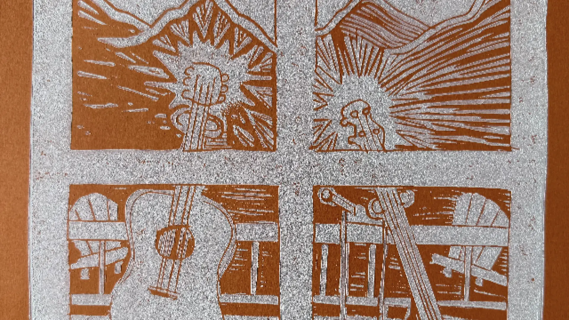 Linocut print depicting a four-panel scene of a guitar on a porch with a mountainous landscape in the background.