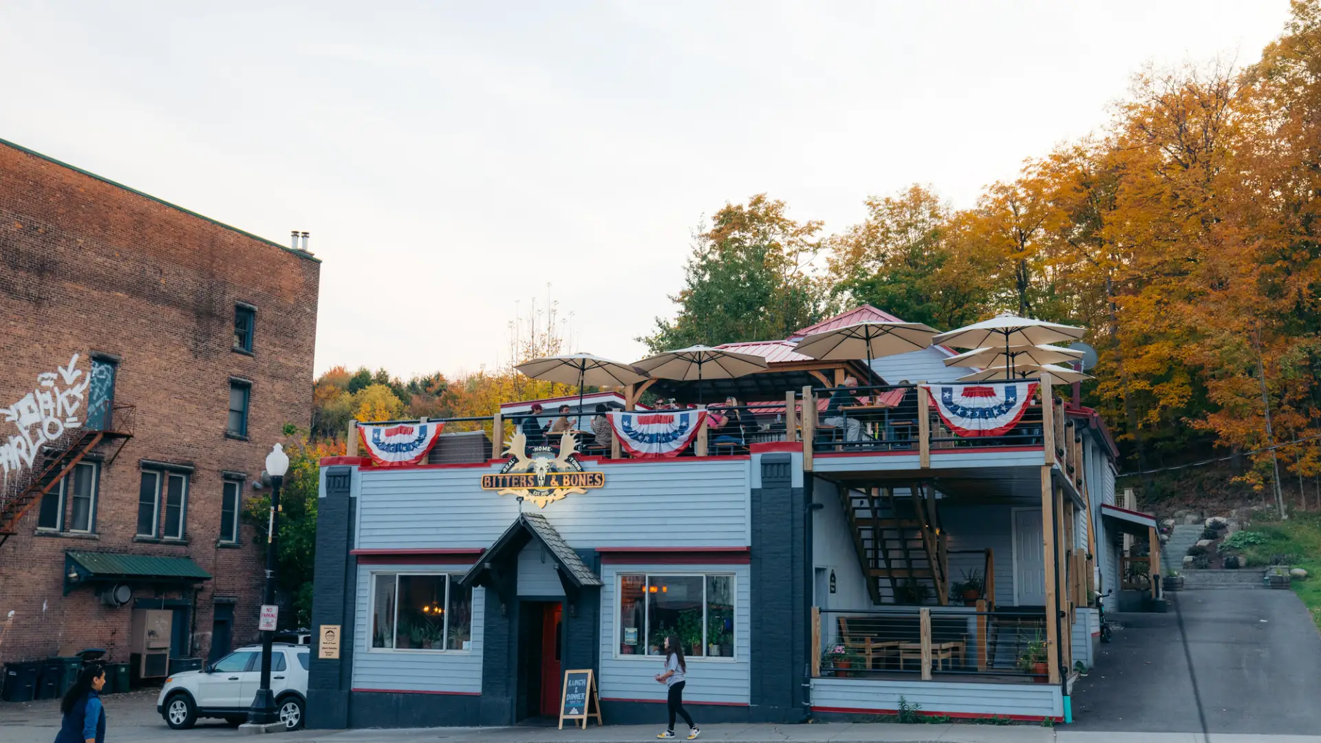 Exterior of Bitters & Bones in Saranac Lake, NY.