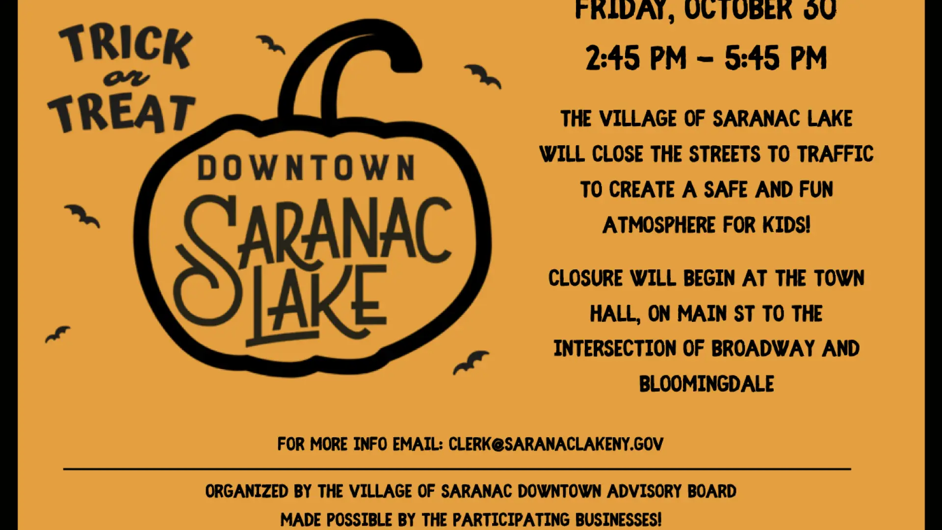 event flyer on orange background, black text and black pumpkin