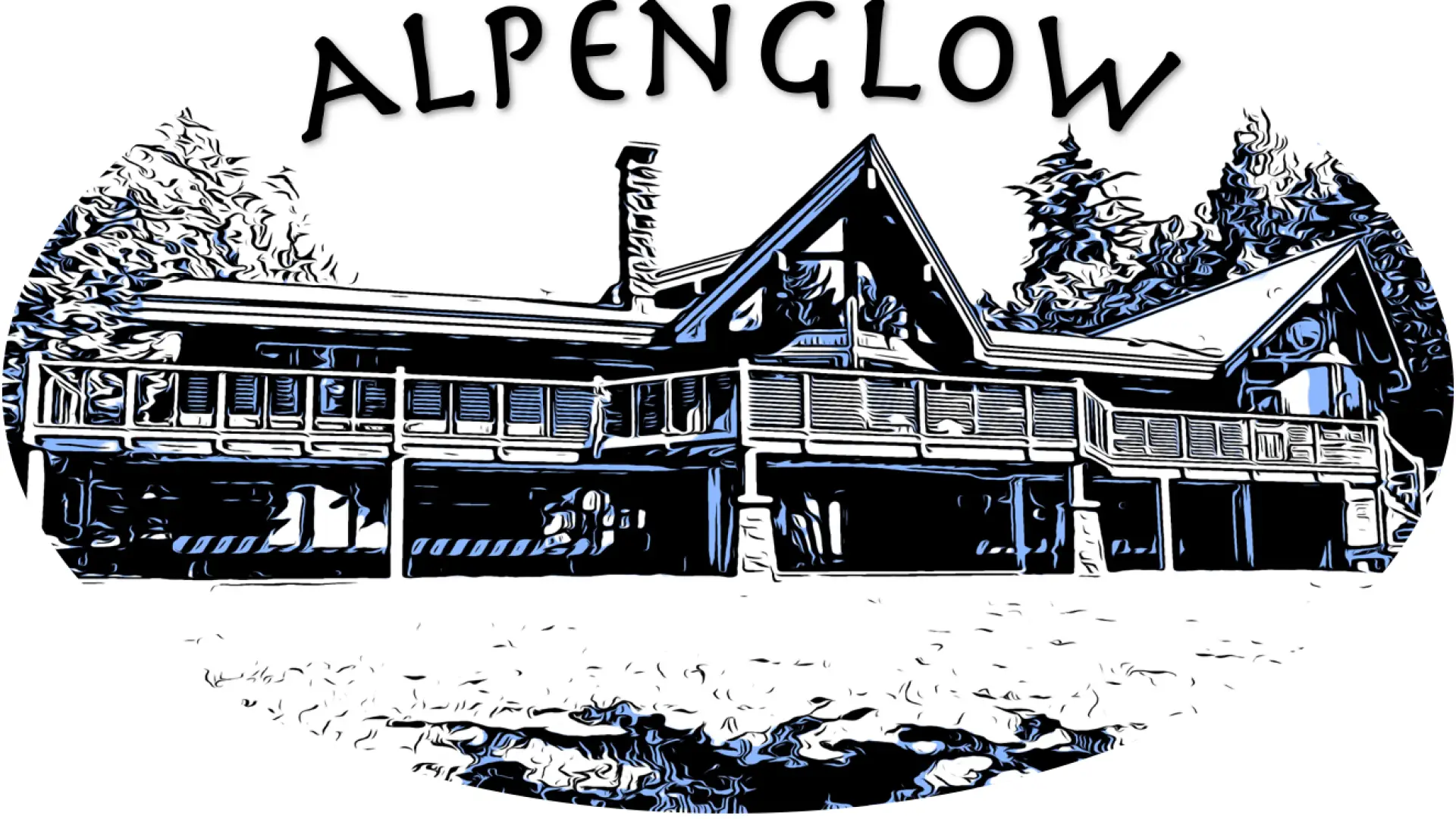 A black and white illustration of the exterior of a large log home with multiple peaked roofs and a large deck with chimney.
