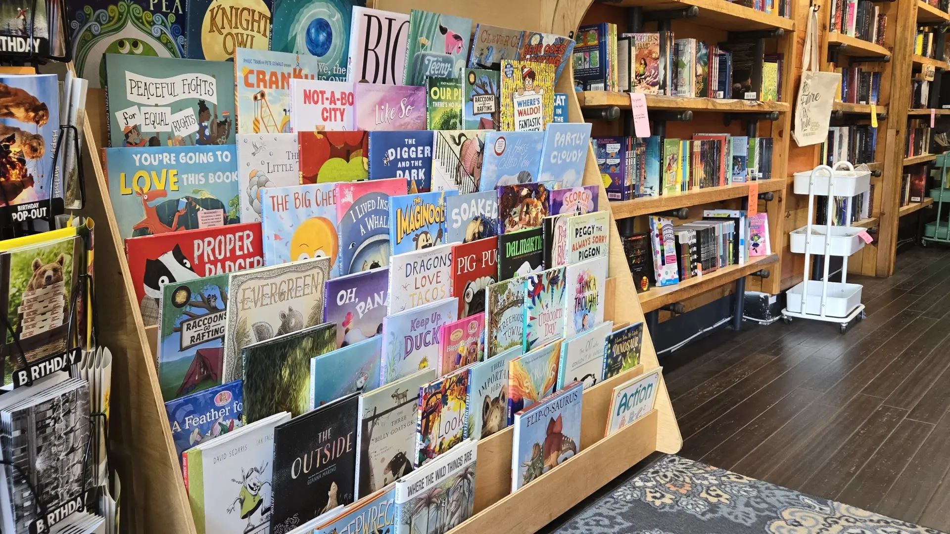 Shelves full of colorful Kids books by a comfy rug