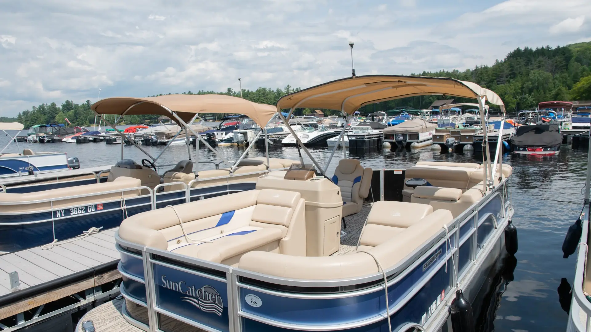 pontoon boat at marina 