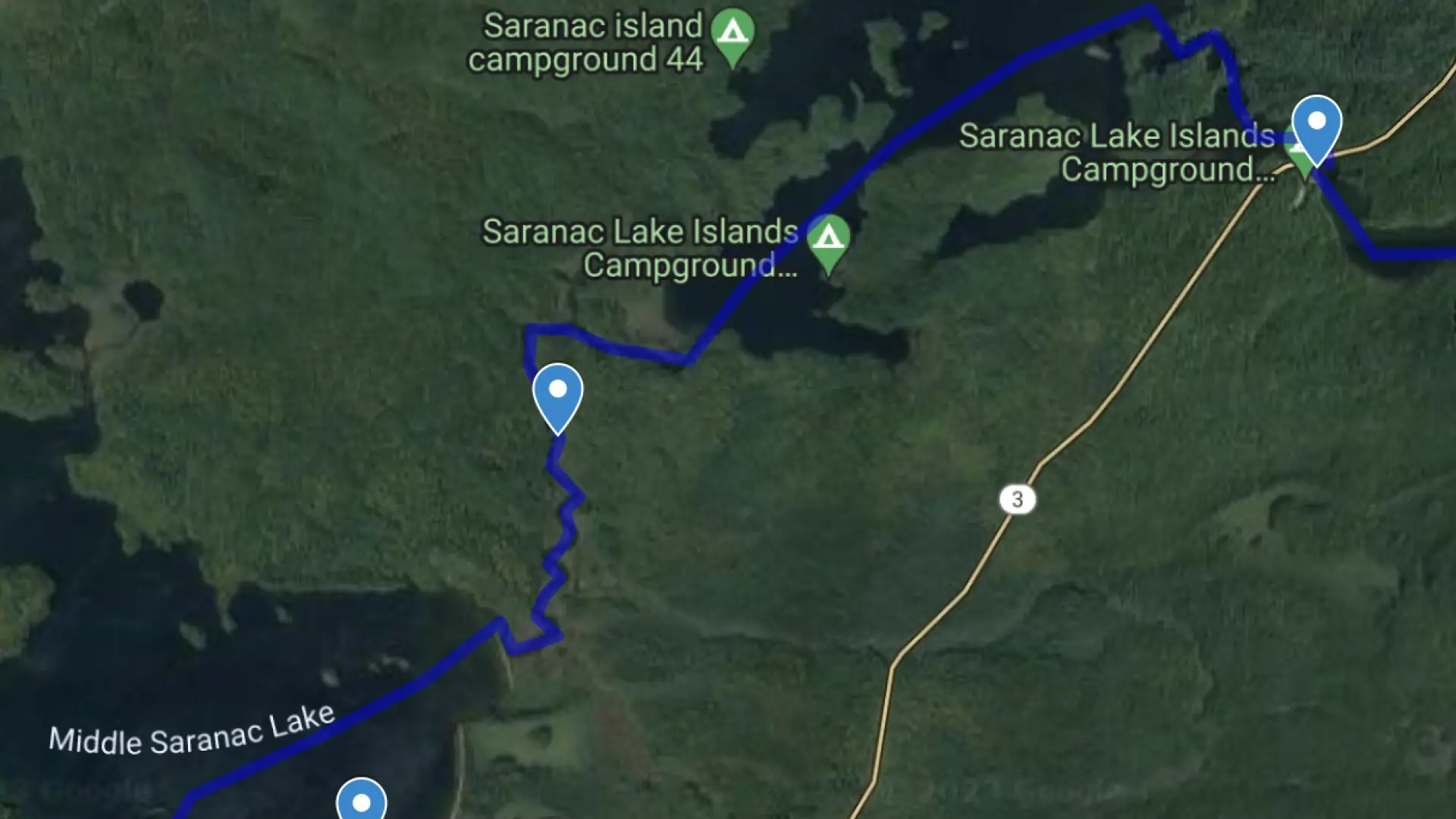 Map of a paddling route through multiple lakes and rivers