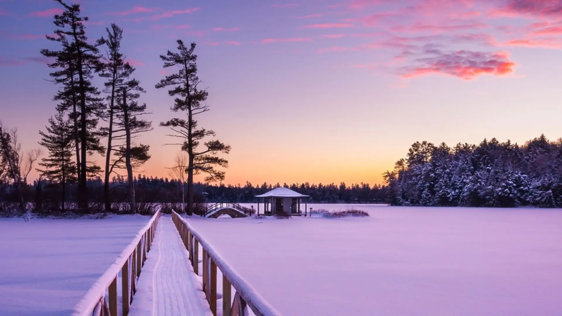 A winter sunset turns the vista purple at White Pine Camp.