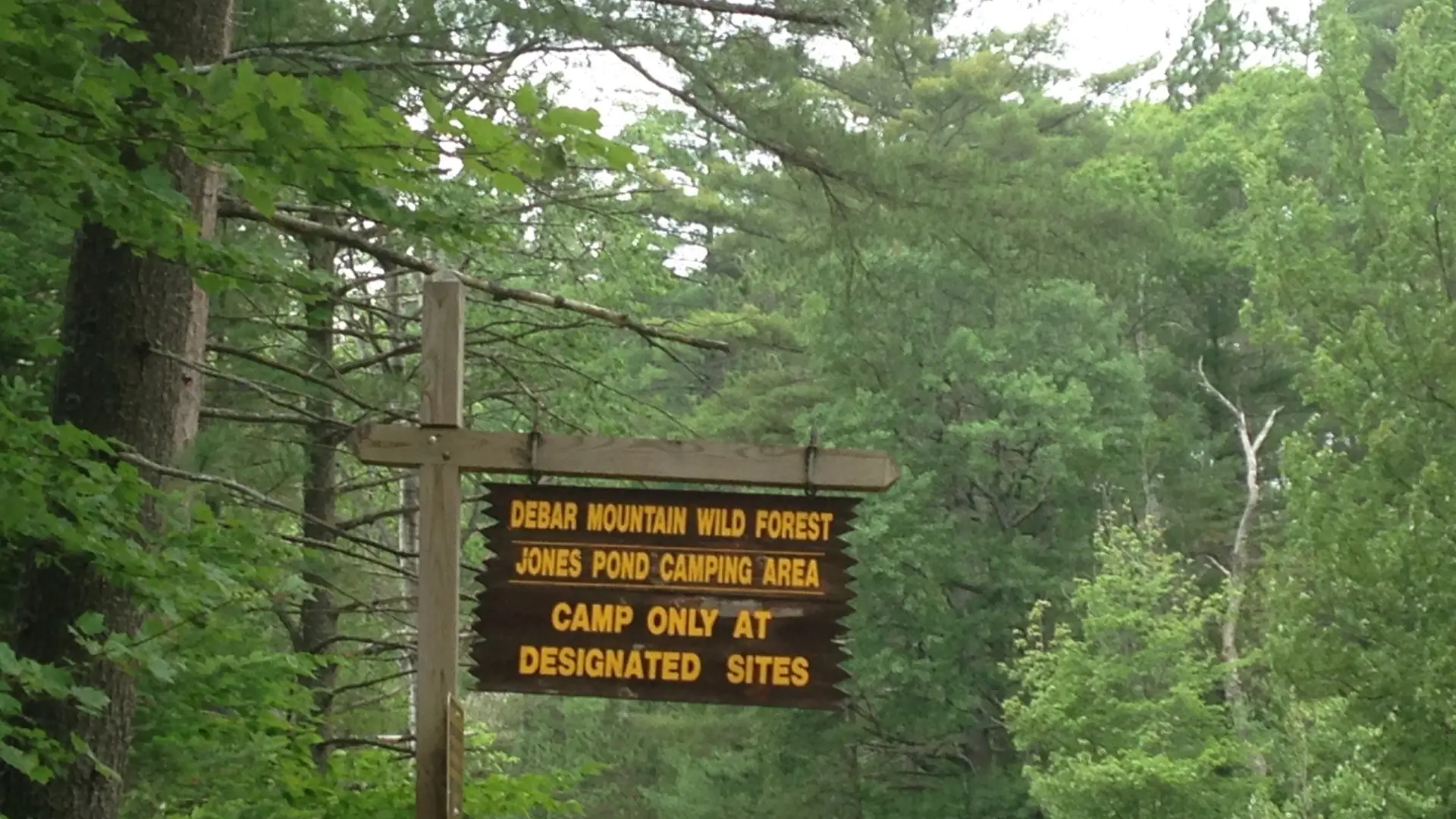 A brown and yellow sign of Jones Pond camping area