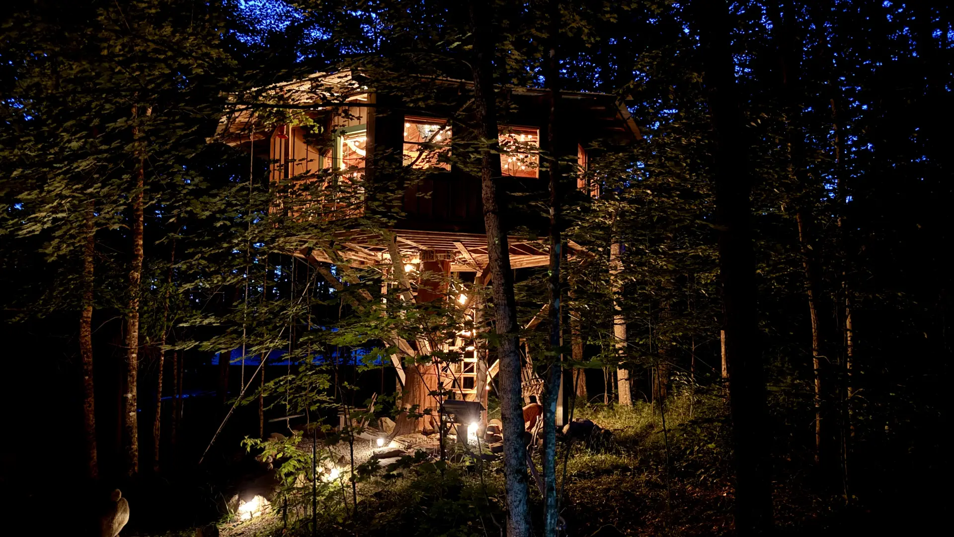 A tree house in the woods at night.