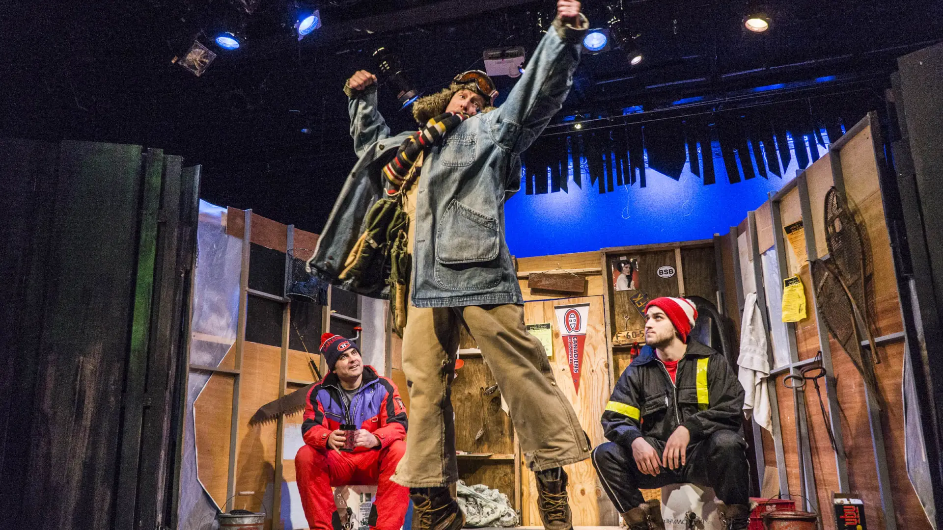 A play with the staging set to emulate an ice fishing hut.