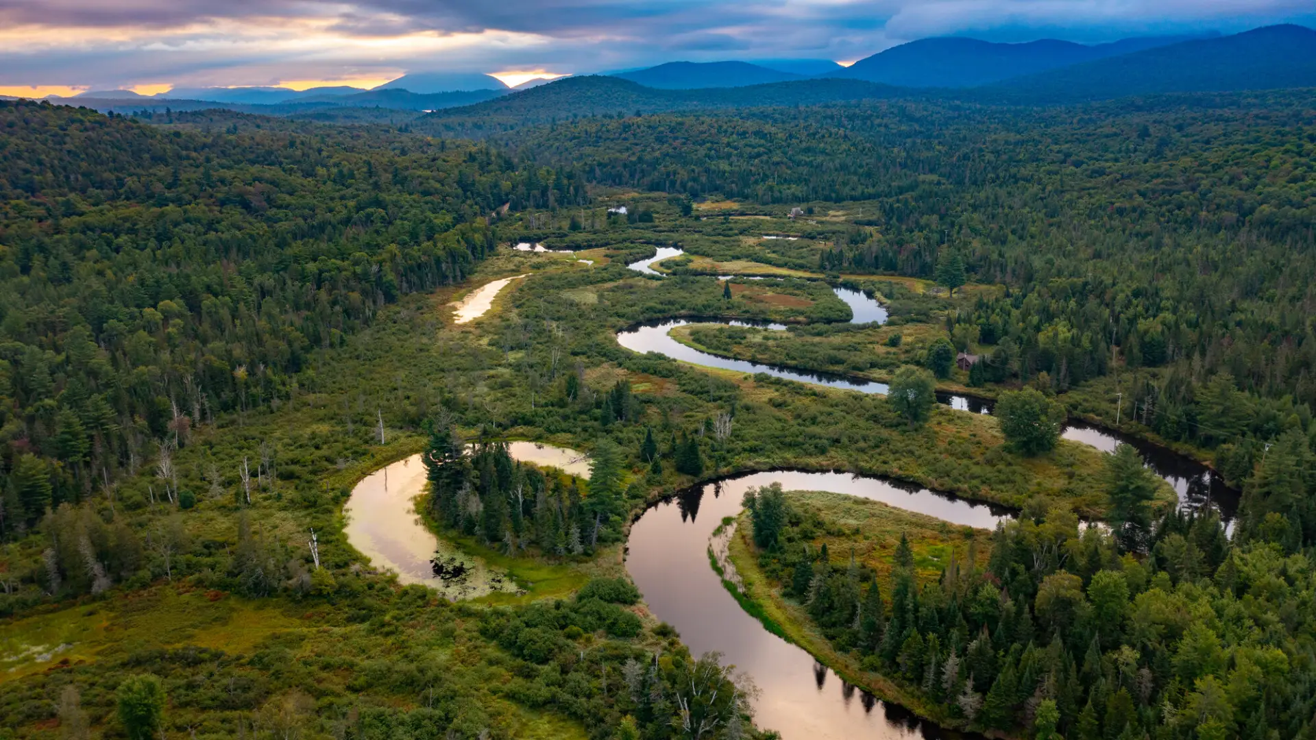 Aerial view of the meandering Saranac River