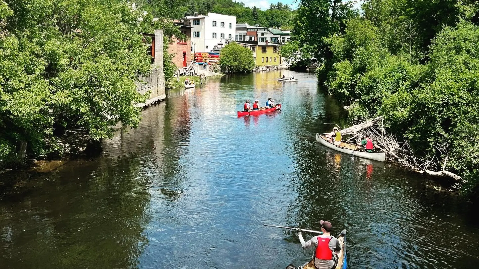 Aerial view of people paddling towards town.