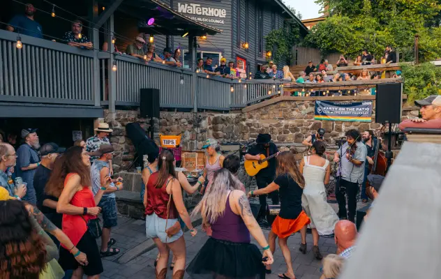 A group of people dance at a music venue.
