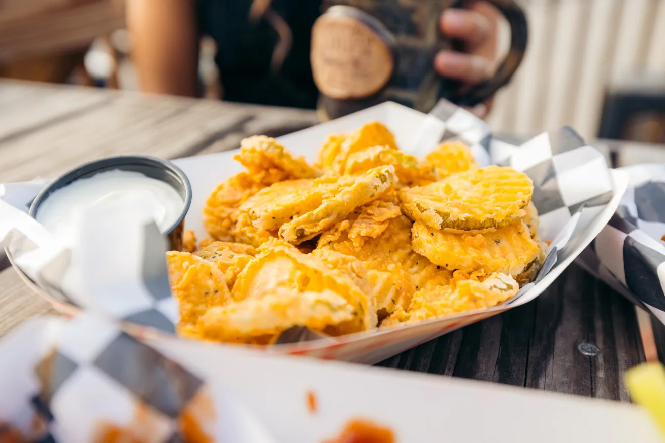A plate of fried pickles.