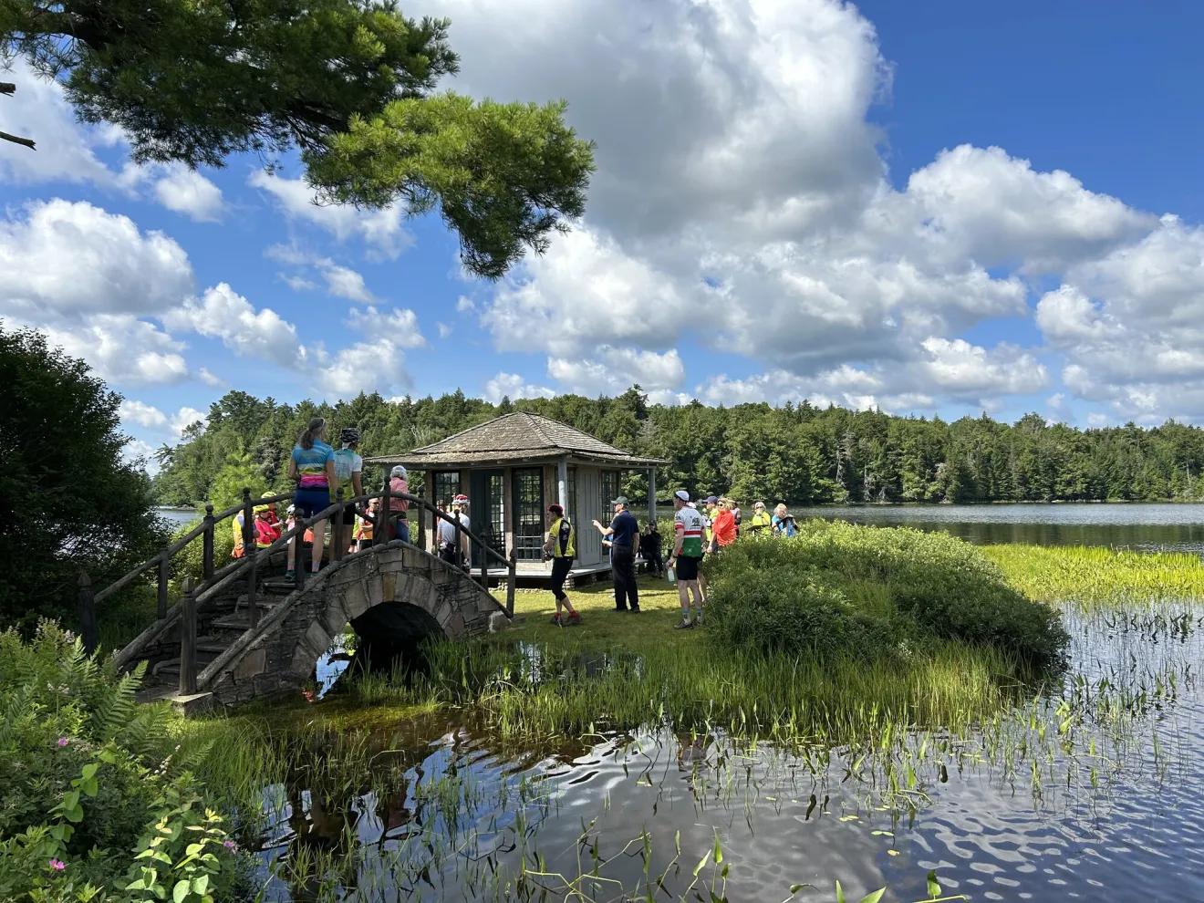 Visitors walk over a small pedestrian bridge to a Japanese-style tea house on a marshy lake on a sunny summer day.