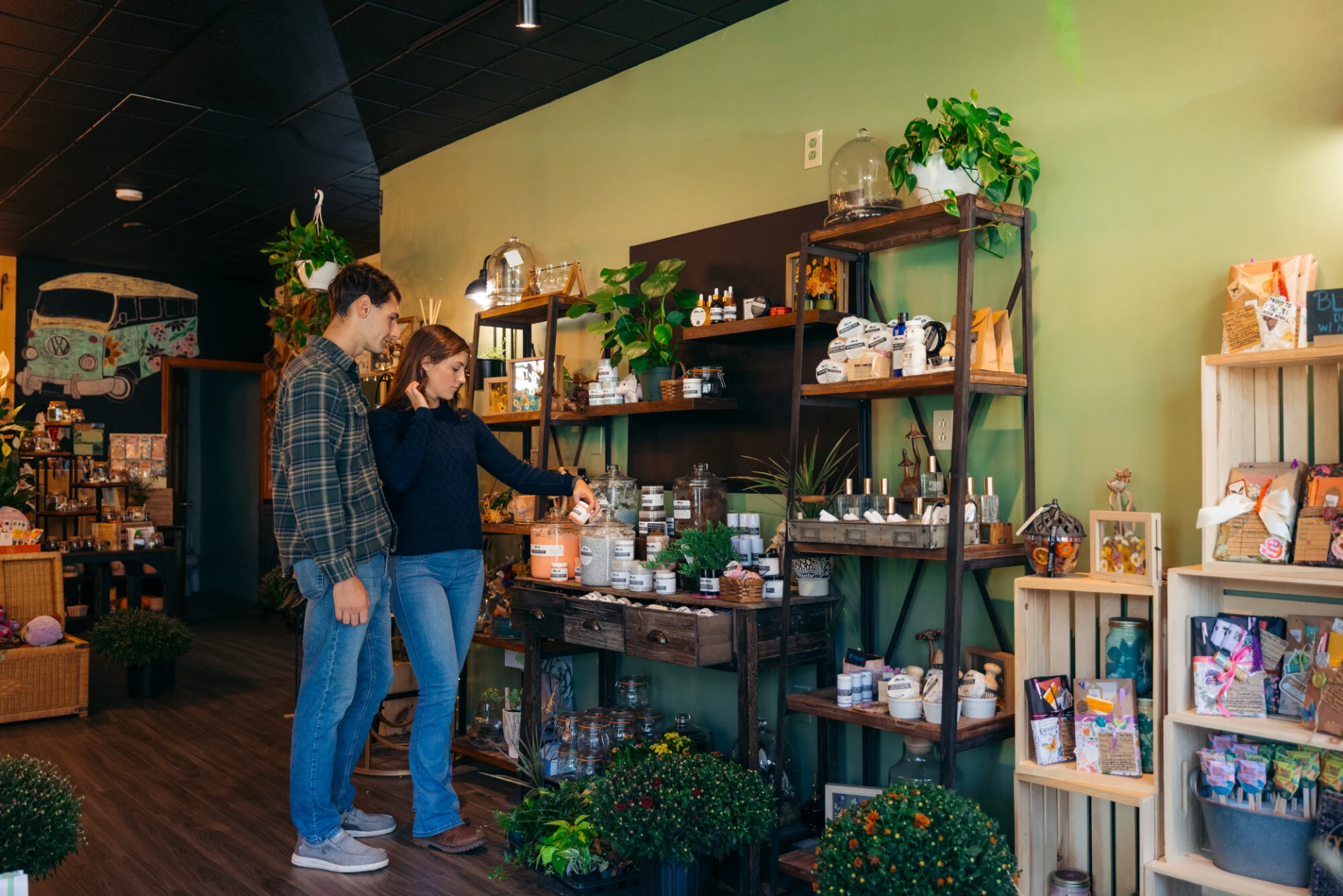 shoppers looking at selection on shelf 