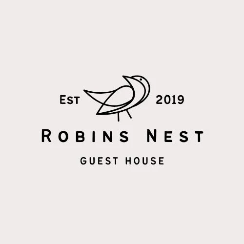 A line illustration of a bird surrounded with the text 'Est 2019 Robins Nest Guest House'.