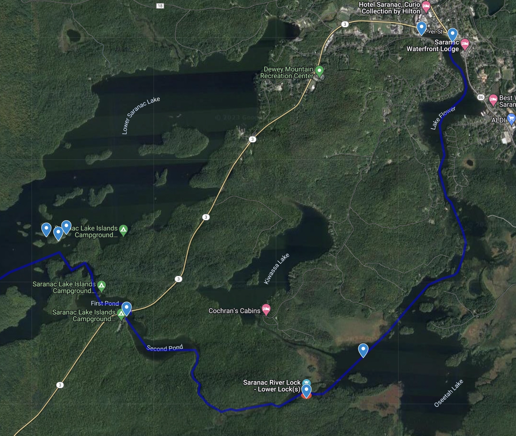 A map showing a canoe route through lakes and ponds