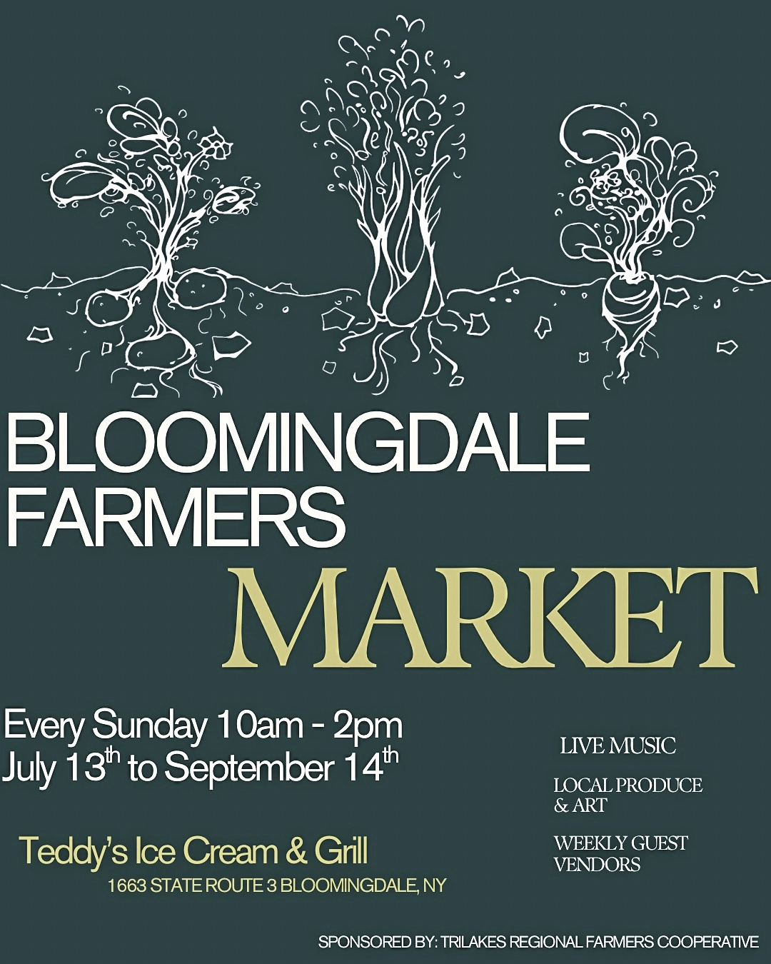 blue poster with white outline/image of vegetables growing in the ground 