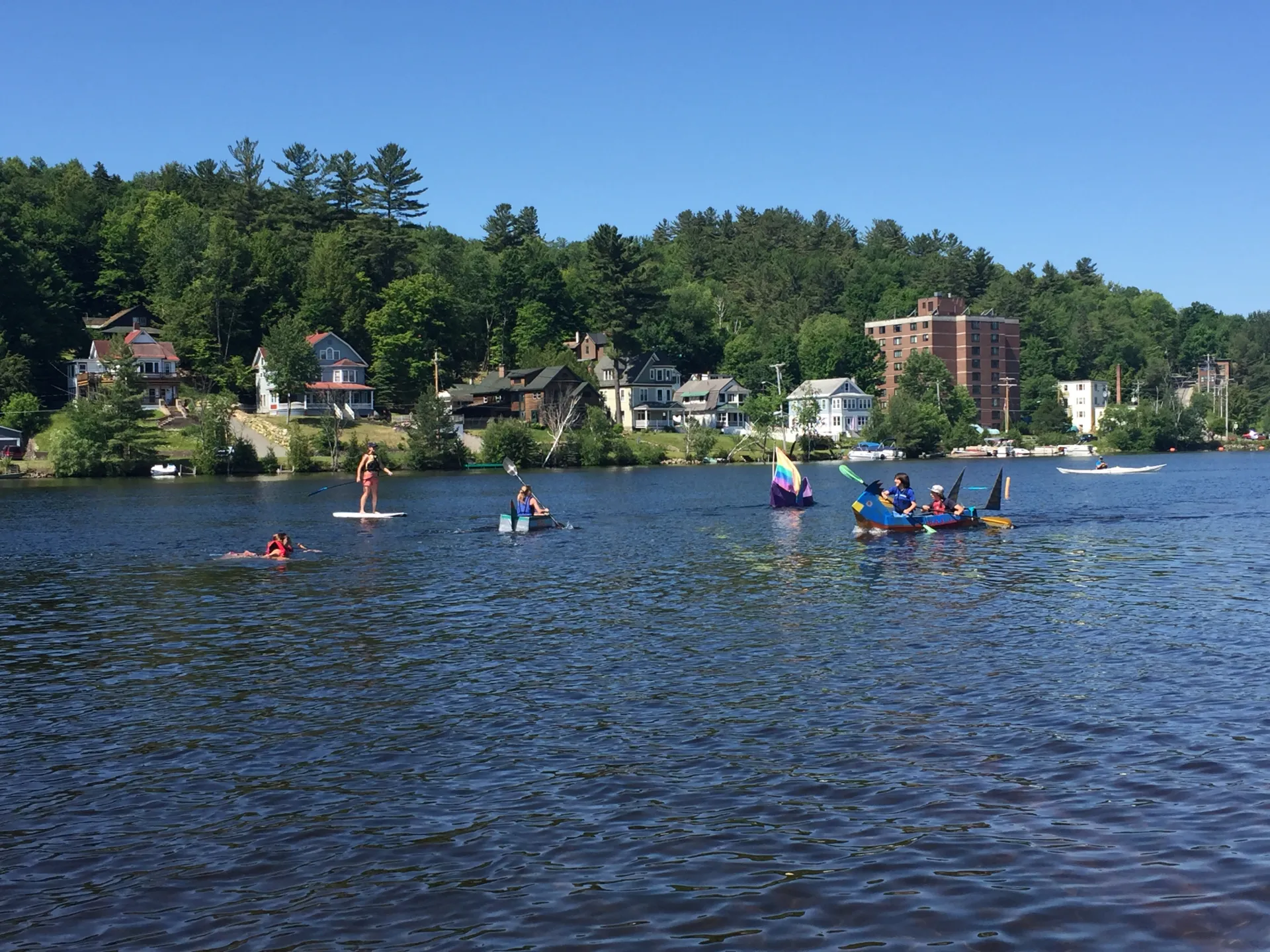 kids in handmade cardboard boats floating on lake flower