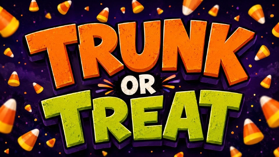 Green and orange letters spelling Trunk or Treat with candycorn falling on a black background
