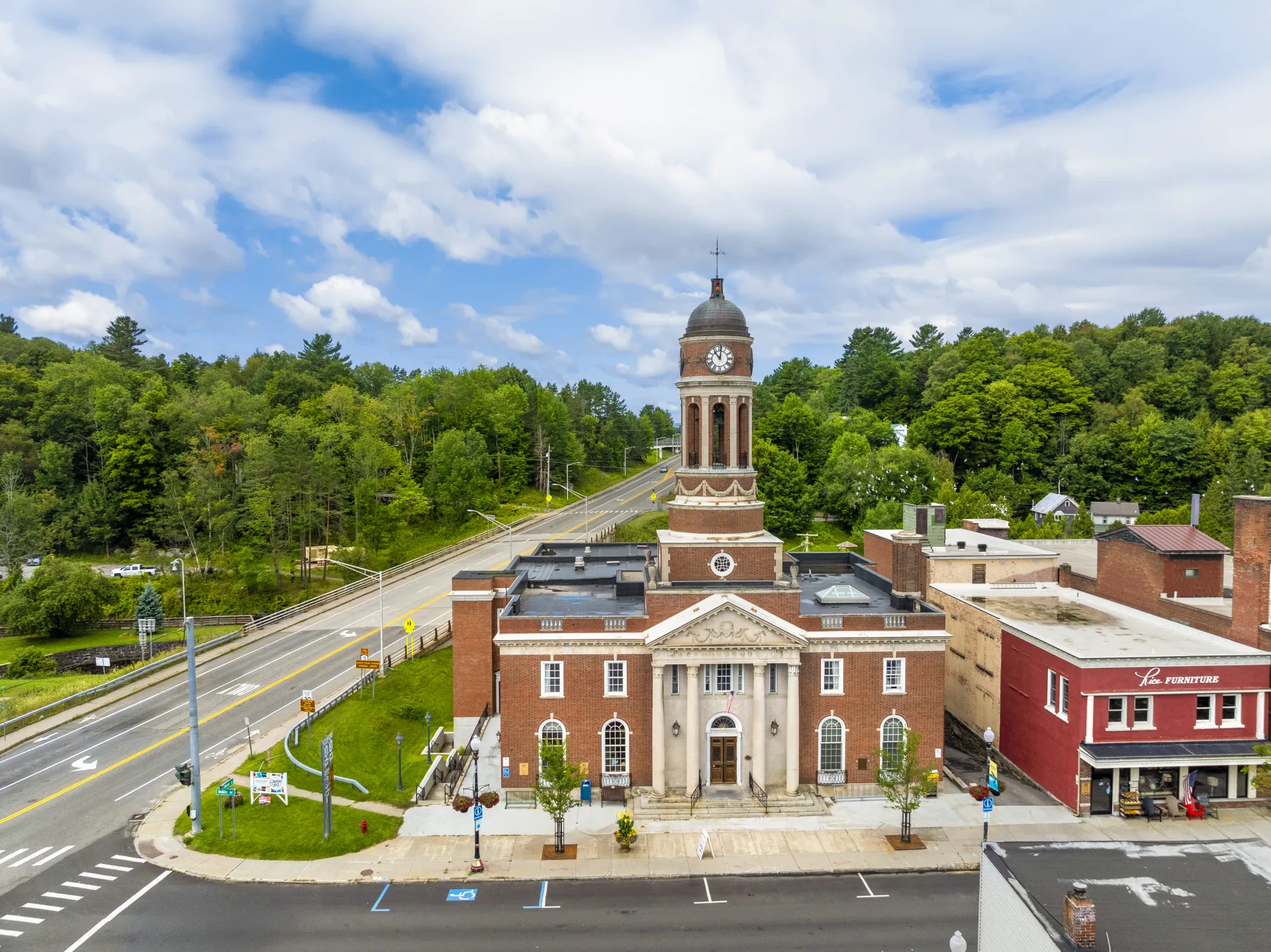An aerial view of the clock tower at the Harrietstown Town Hall.