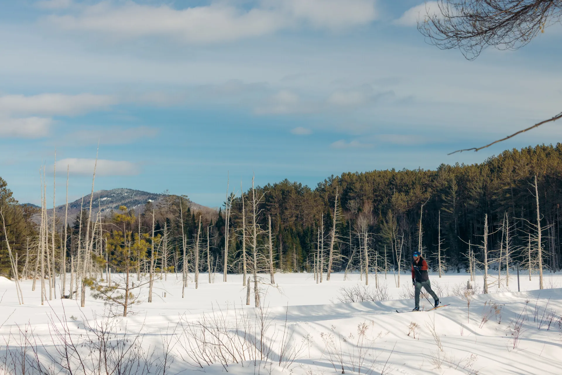 A man cross-country skis through the snow.