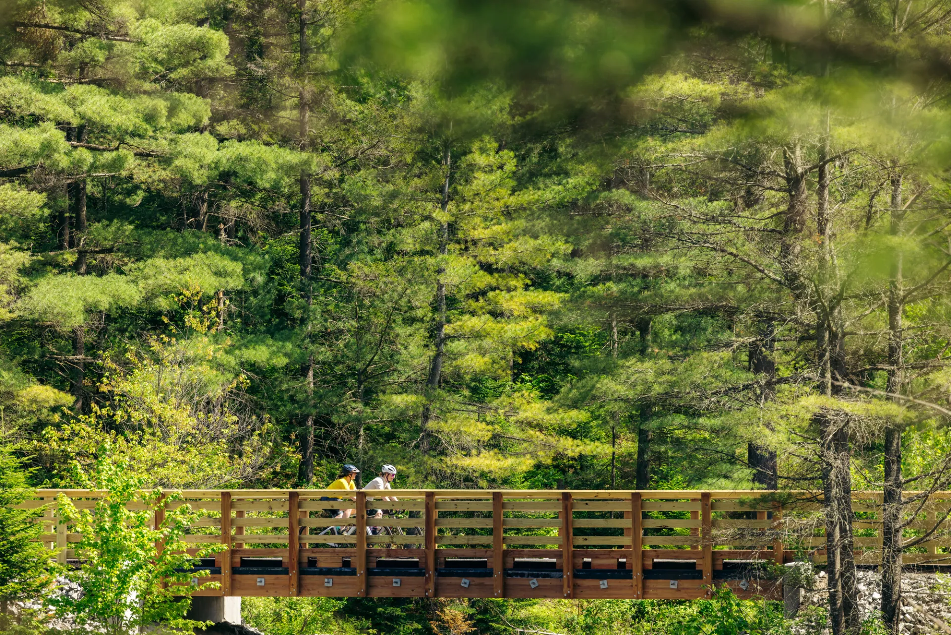 Two people cycle across a bridge