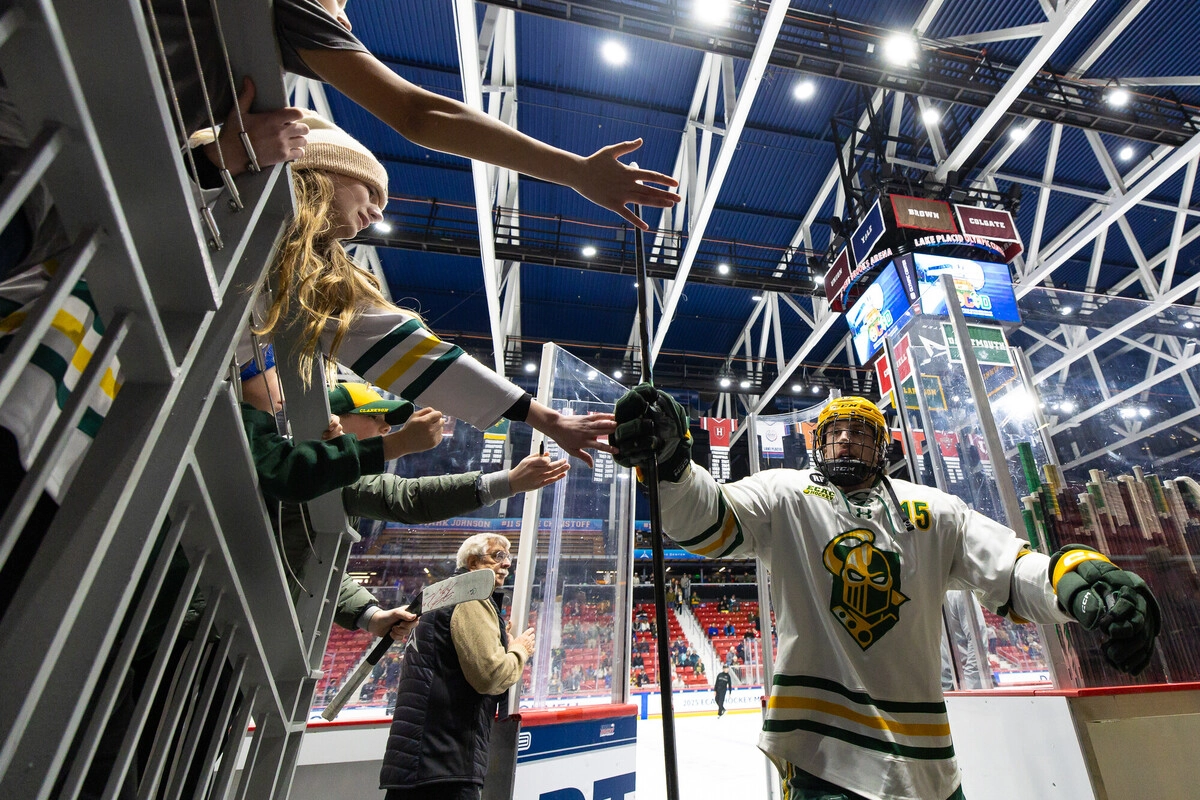 The image shows an indoor ice hockey arena filled with spectators. 
