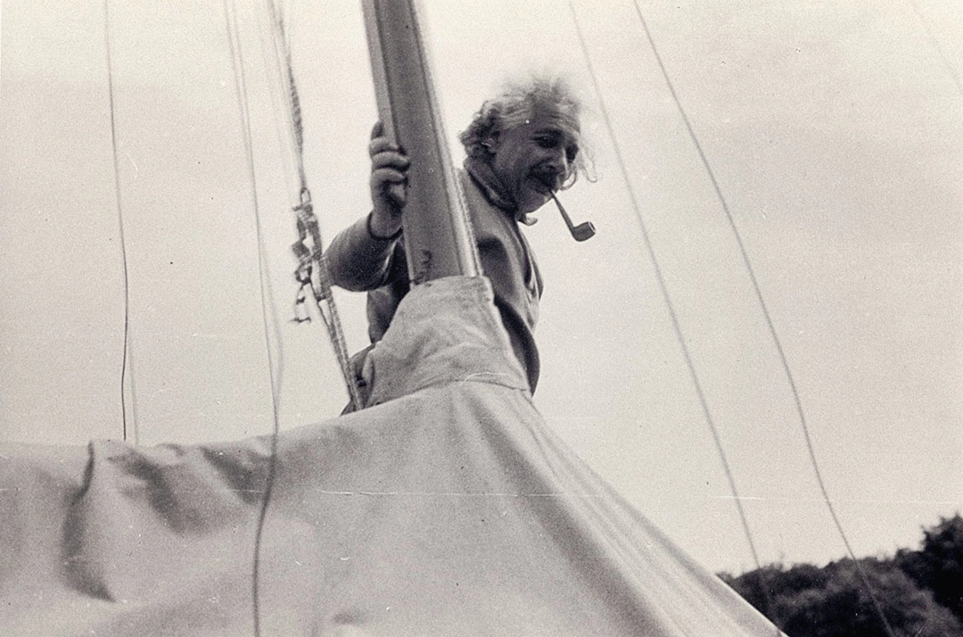 Albert Einstein sailing his boat on Lower Saranac.