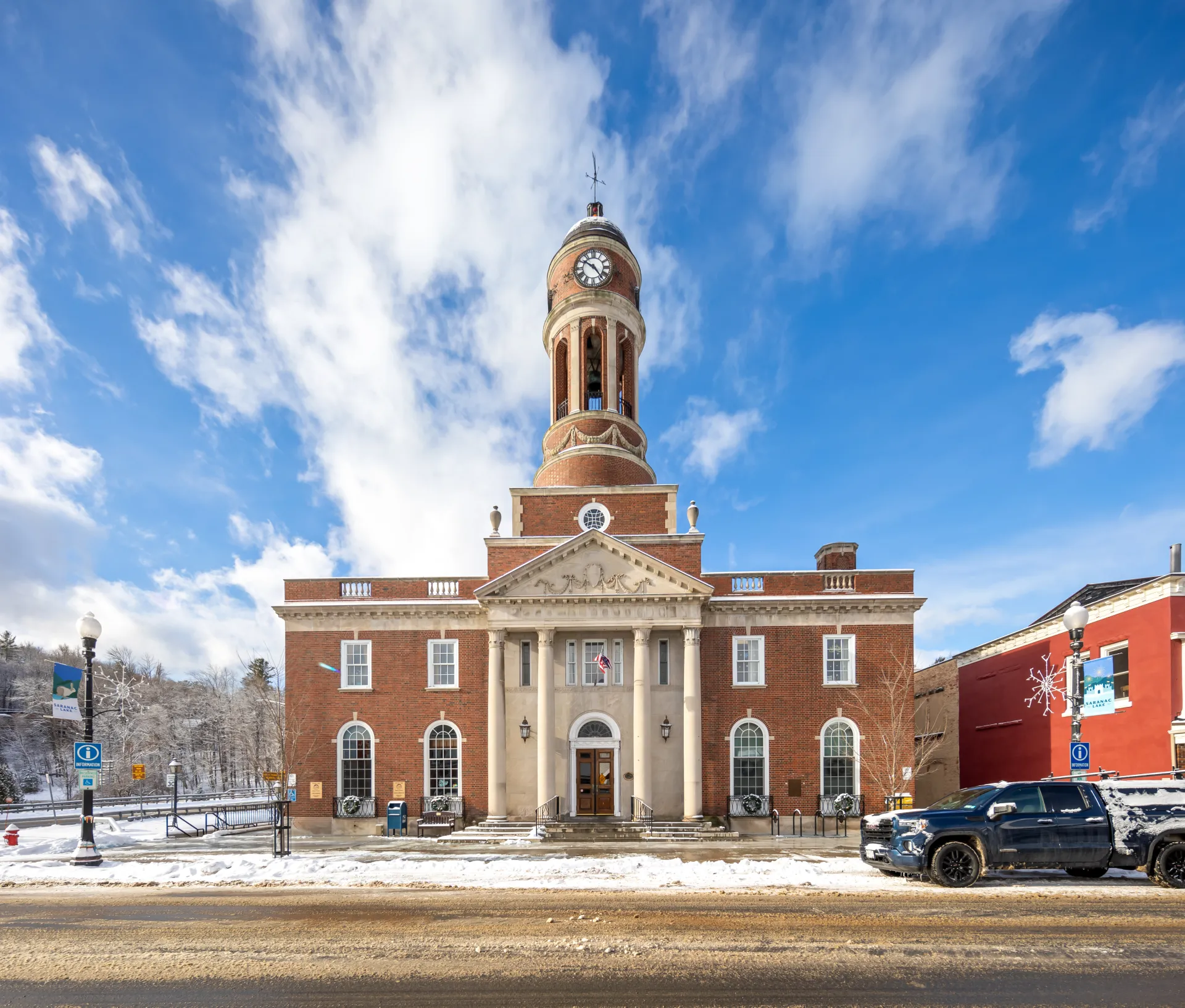 A view of the front of the Harrietstown Town Hall from across the road.