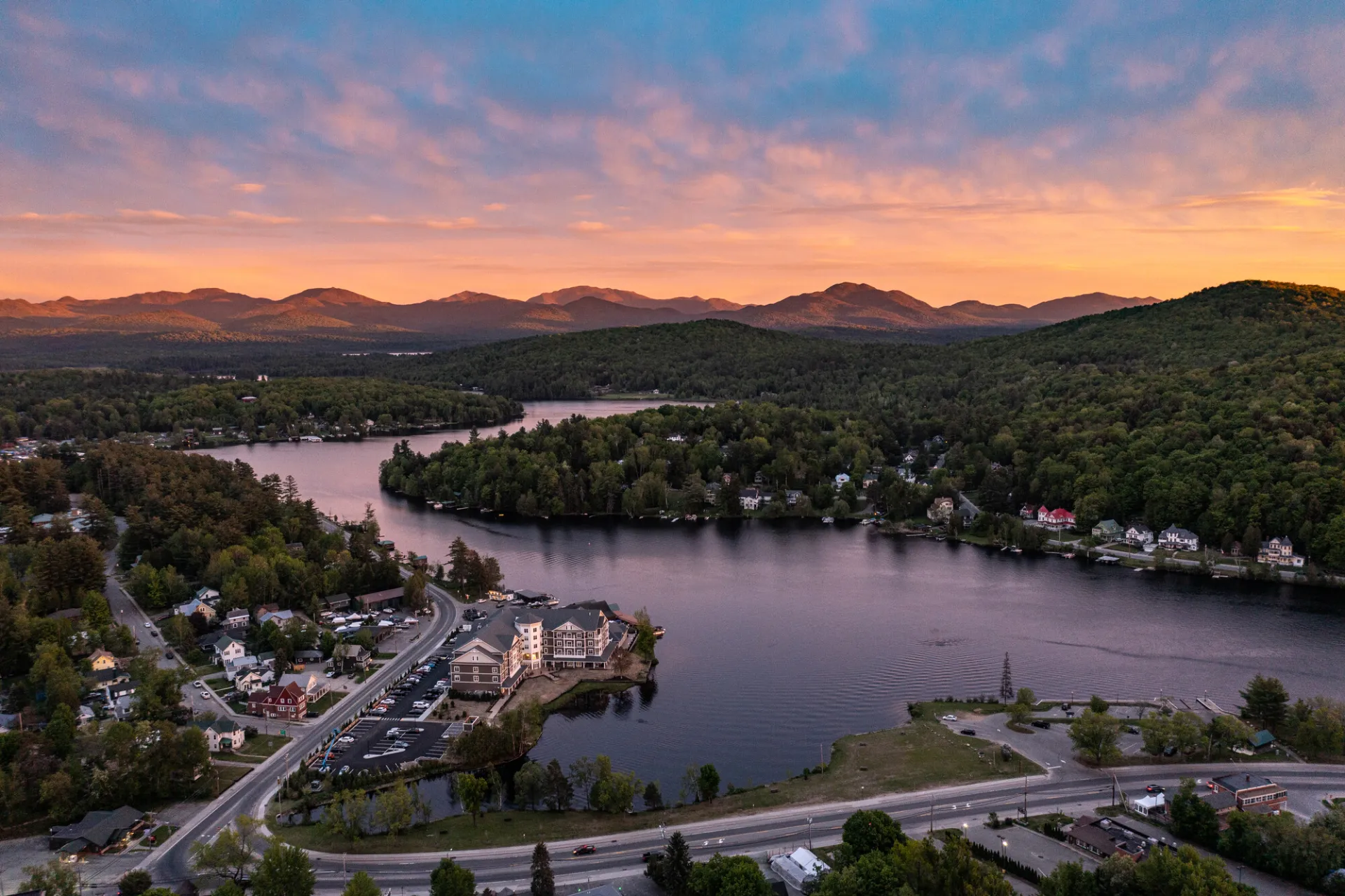 Drone view of downtown Saranac Lake in the summer.